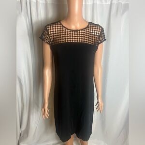 Calvin Klein Solid Black Illusion Sequin Knit Yoke Cap Sleeve Shift Dress Size 8